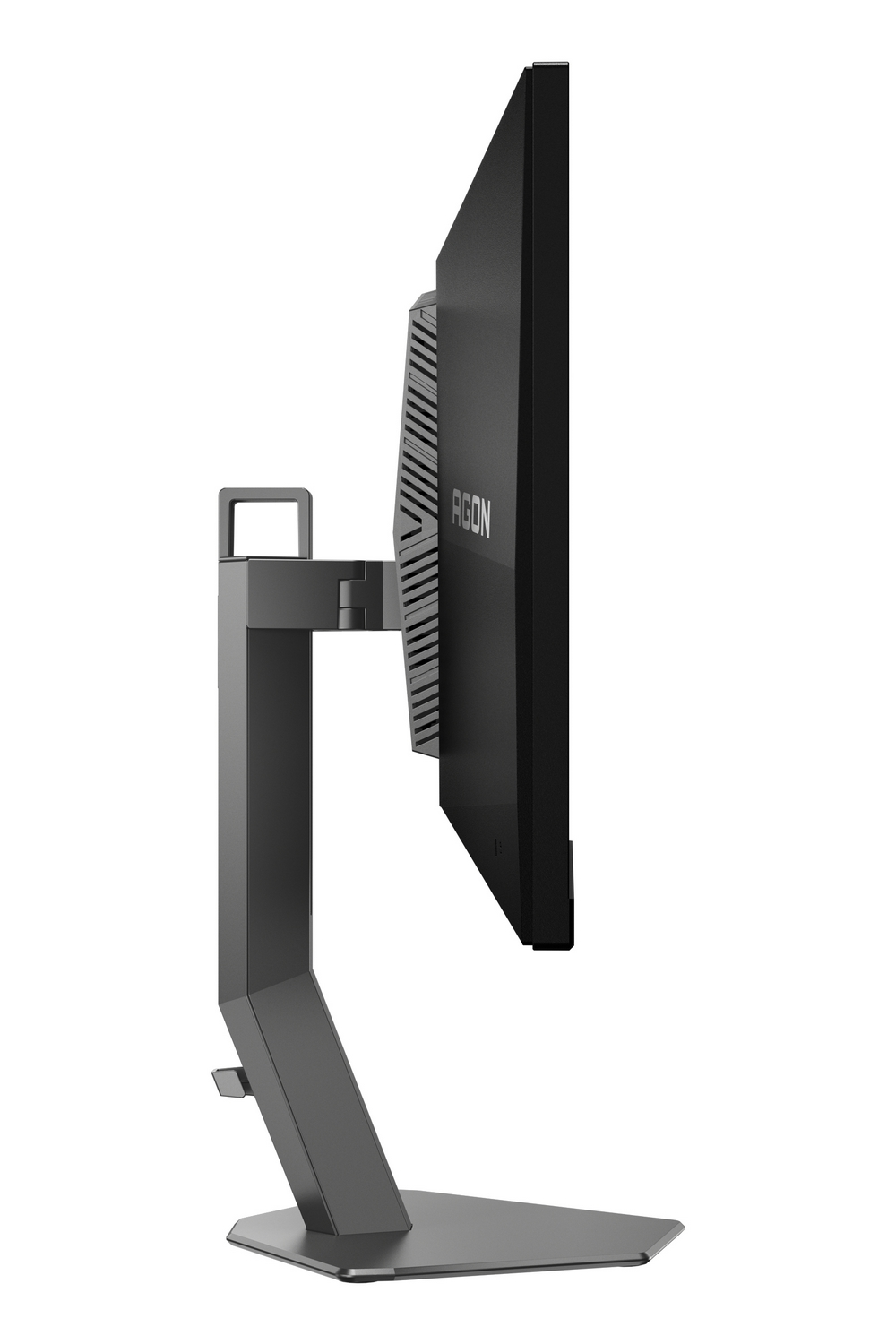 Un monitor de computadora negro mostrado de perfil sobre un soporte gris.