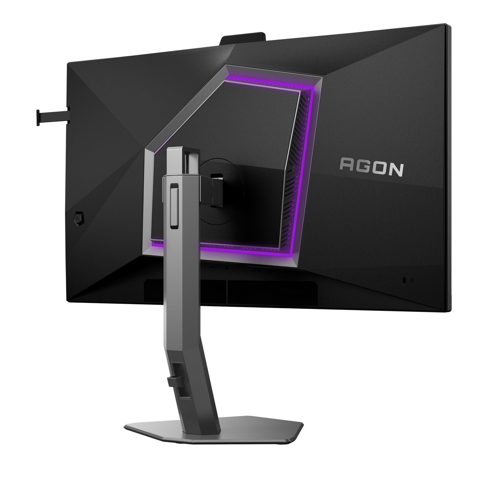 Parte trasera de un monitor negro con soporte plateado e iluminación de acento morada.