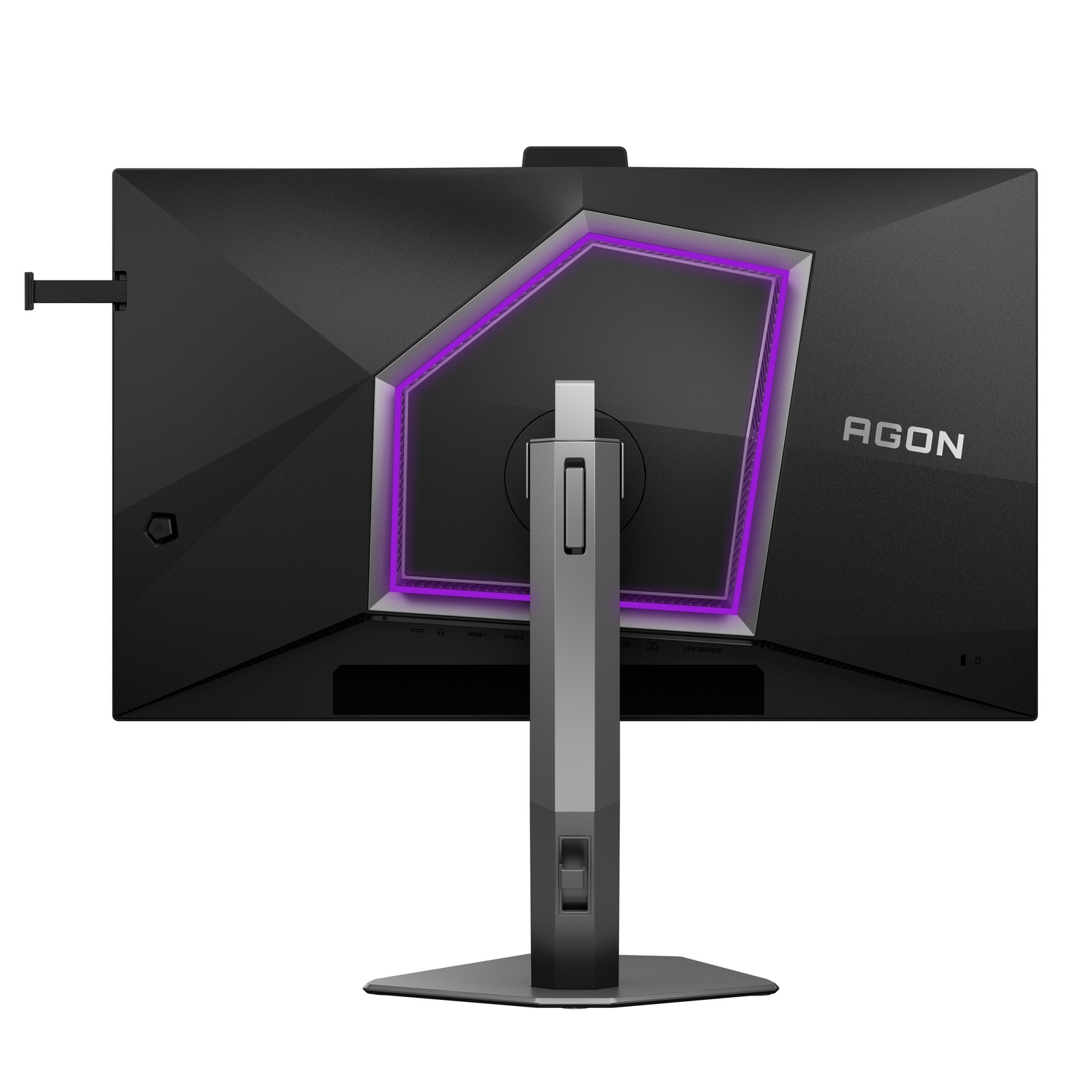 Reverso de un monitor negro con iluminación de acento púrpura y soporte plateado.