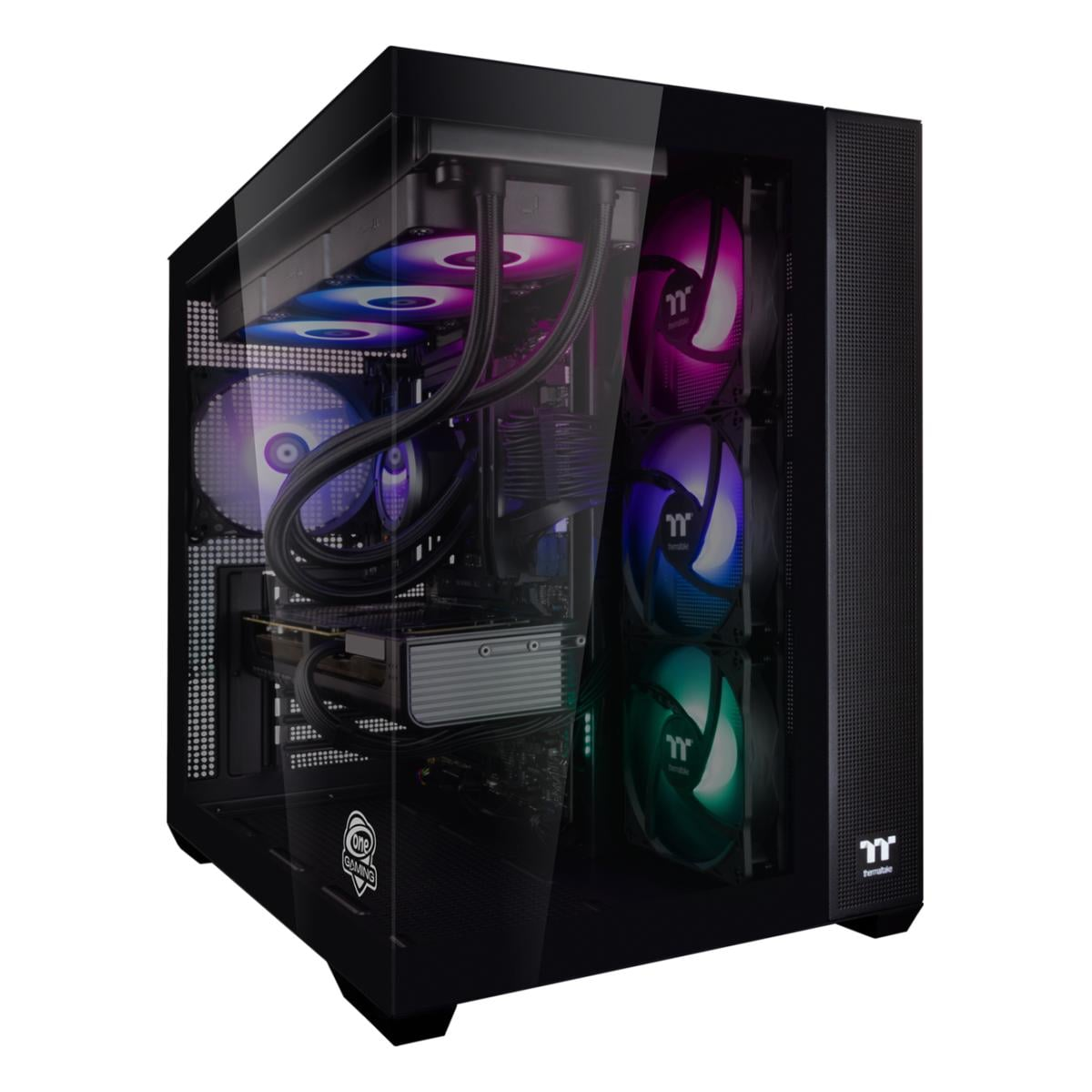 Schwarzes PC-Gehäuse mit RGB-Lüftern und Glasfront. Innen sind Komponenten sichtbar.