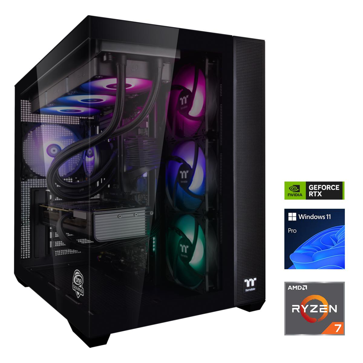 Ein schwarzer Gaming-PC mit RGB-Lüftern, Glasfenster und Produktlogos.