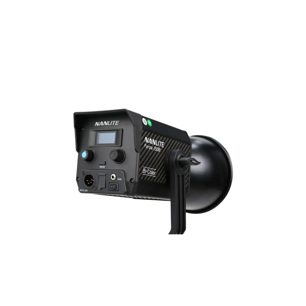 Een zwarte Nanlite Forza 150B Bi-Color LED-lamp met display en bedieningselementen.