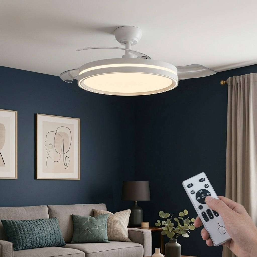 Una lámpara de ventilador de techo blanca con mando a distancia en una sala.
