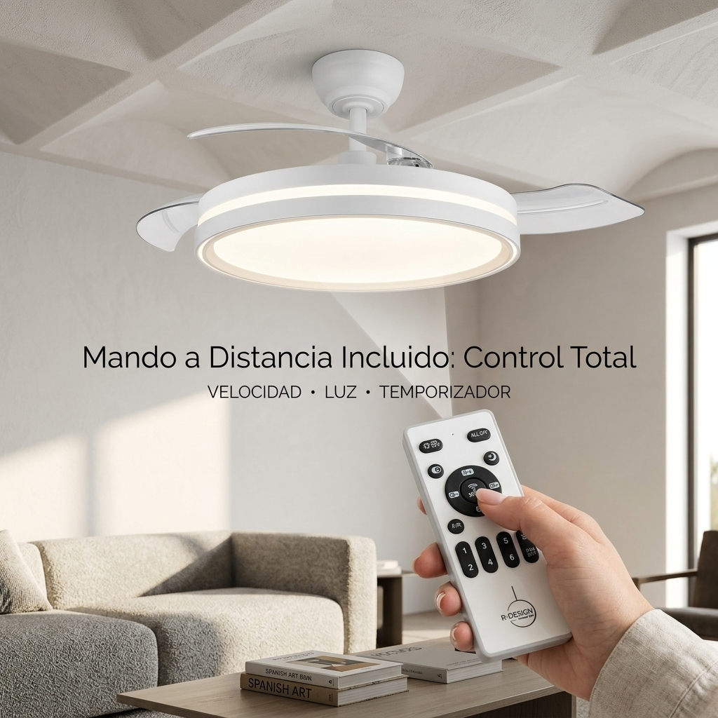 Se muestra una lámpara de ventilador de techo blanca con control remoto.