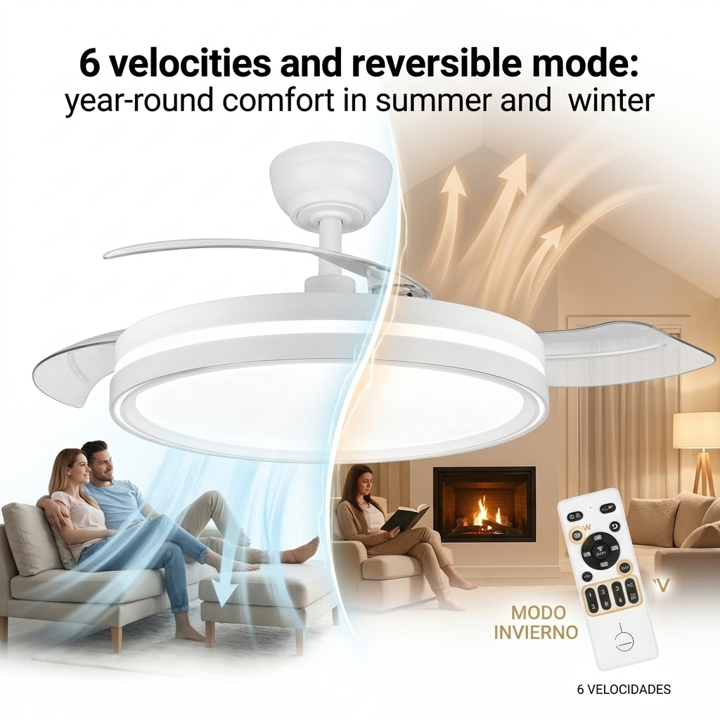 Ventilador de techo con luz, modo verano e invierno, muestra parejas en sofá y mujer junto a chimenea.
