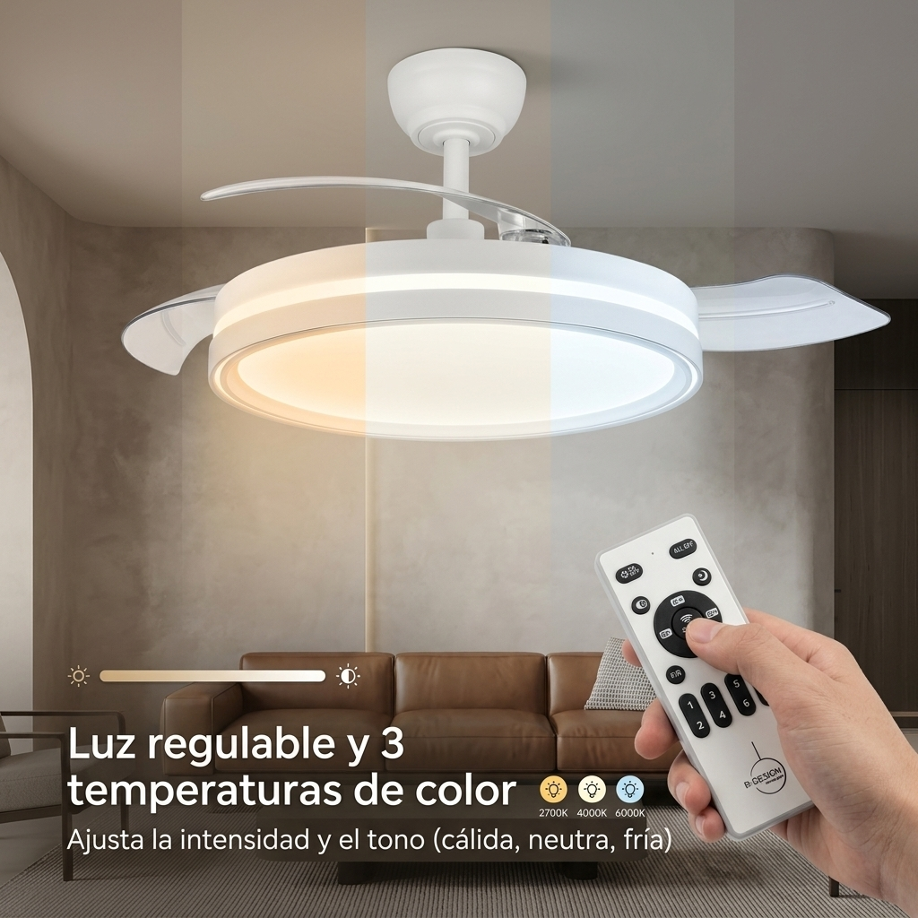 Una lámpara de ventilador de techo blanca con mando a distancia y tres temperaturas.