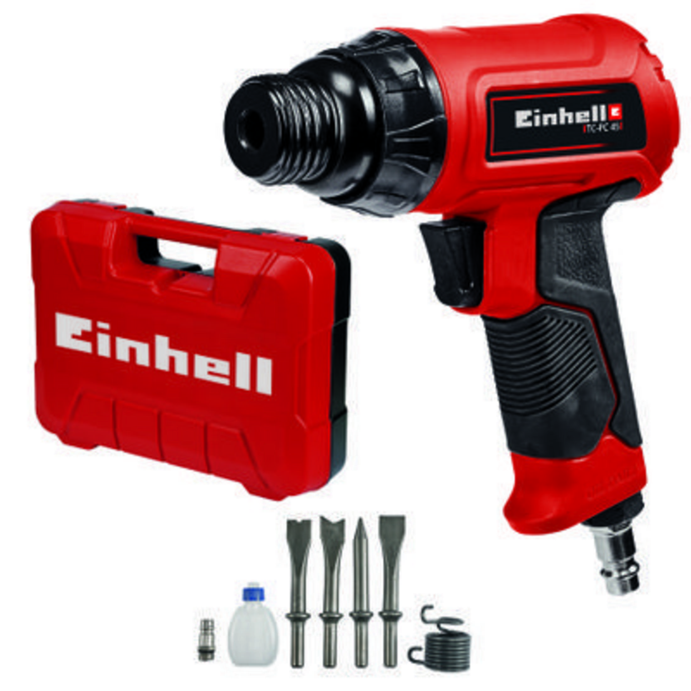 Pistola pneumatica Einhell rossa con valigetta, scalpelli, olio e molla su sfondo bianco.