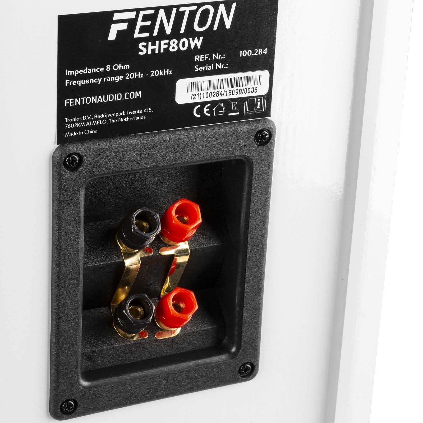 Terminal de altavoz con postes de unión rojos y negros y especificaciones Fenton.