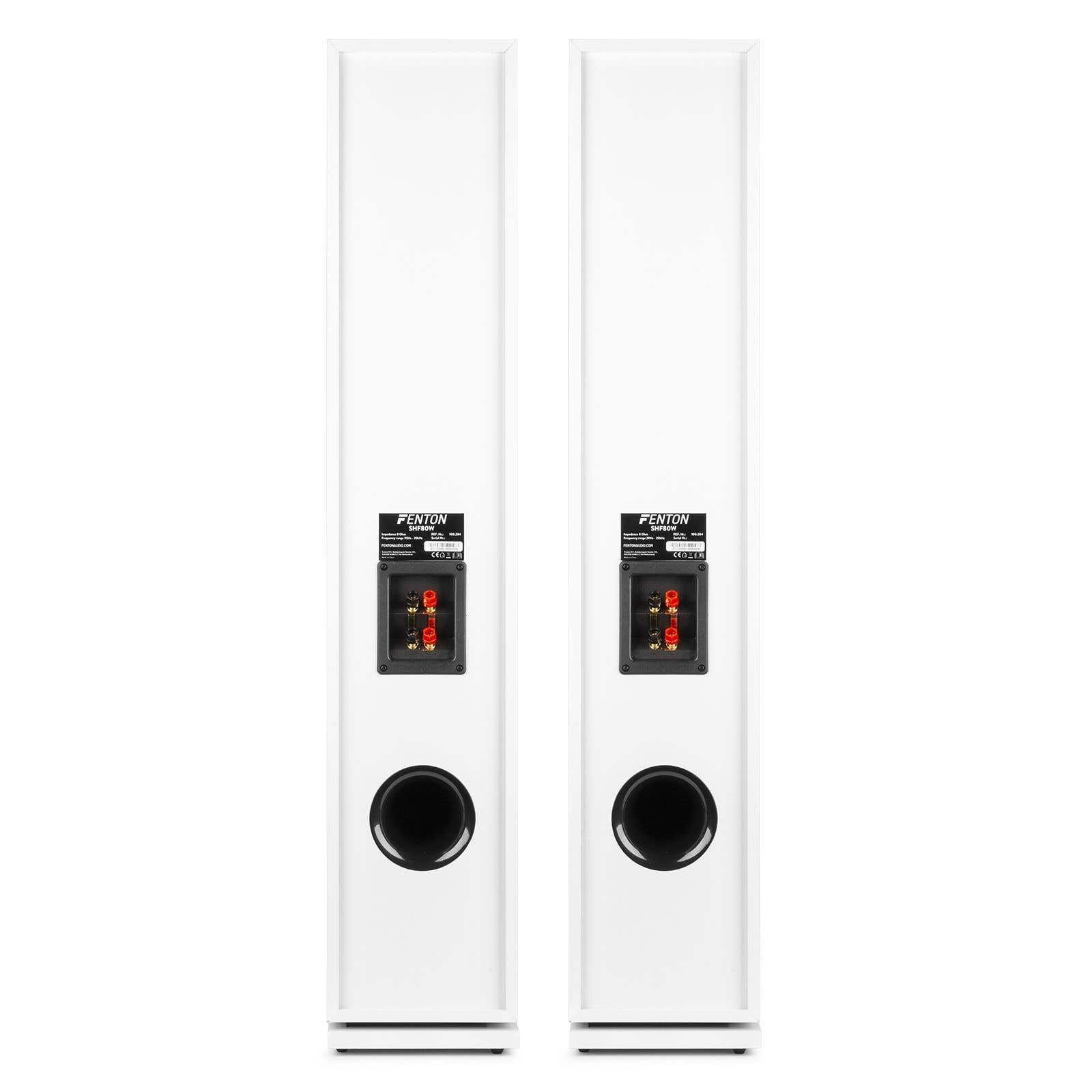 Dos altavoces blancos mostrando terminales de conexión y puertos bass reflex.
