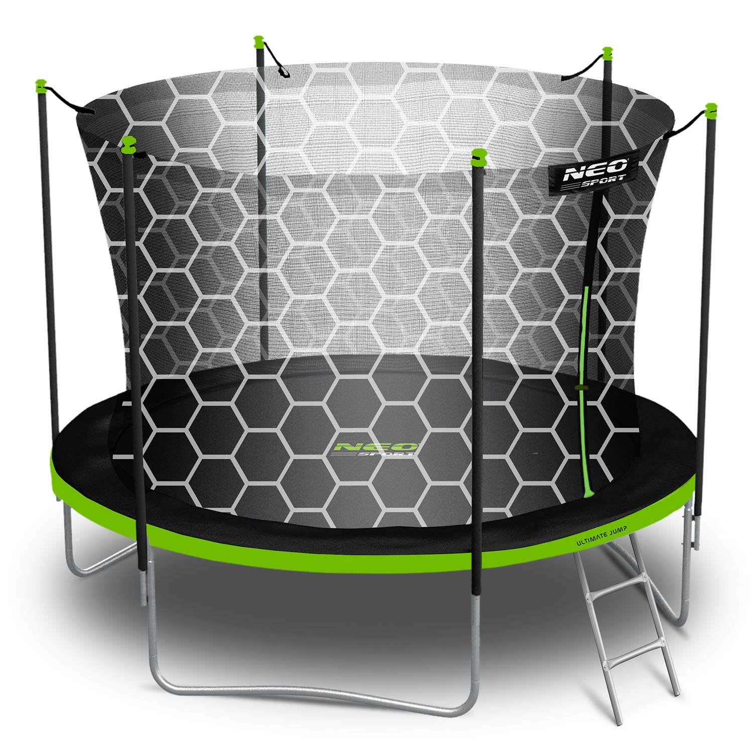 Trampolina z siatką zabezpieczającą, zielonym obrzeżem i drabiną.