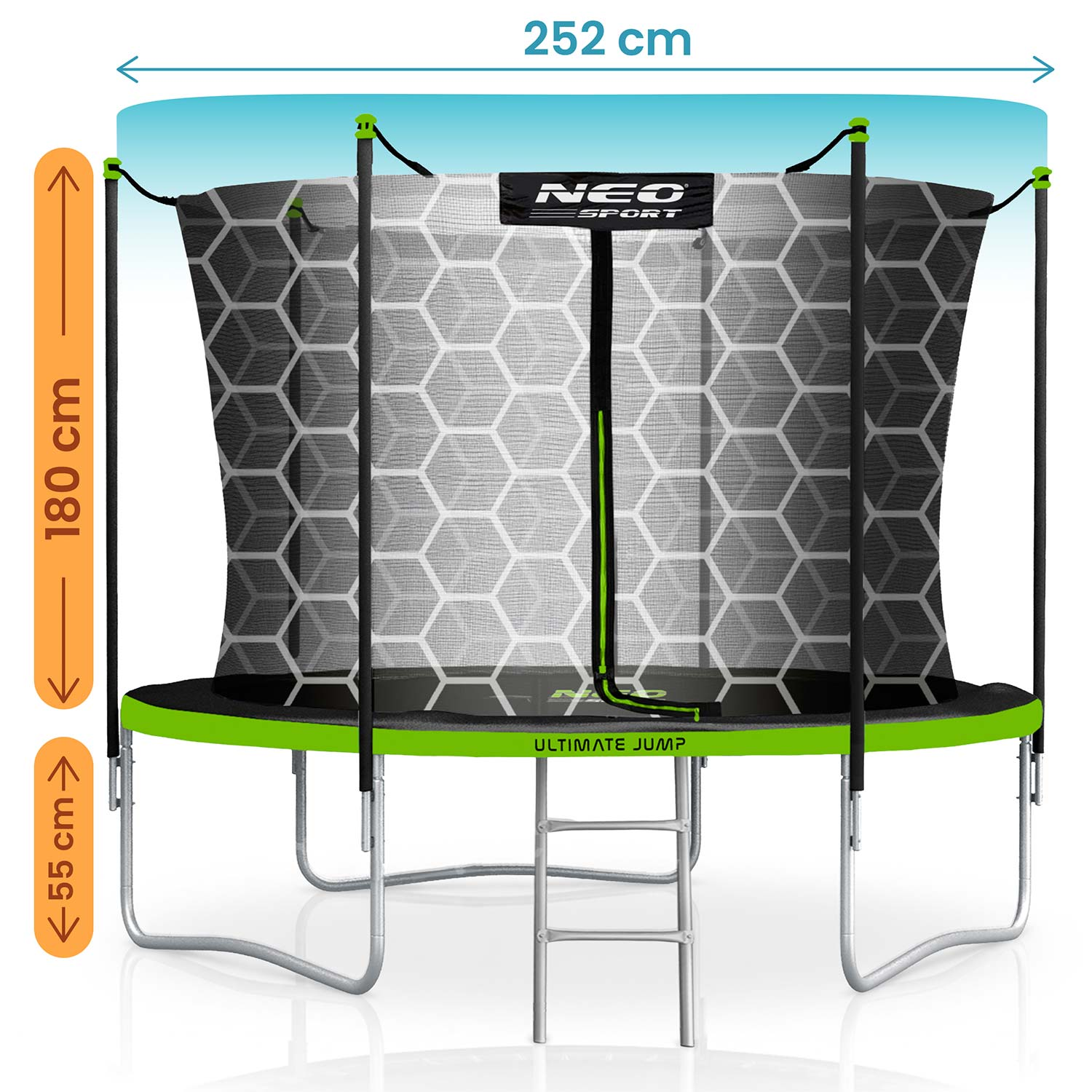 Trampolina z siatką ochronną, 252 cm szer., 180 cm wys., 55 cm wejście.