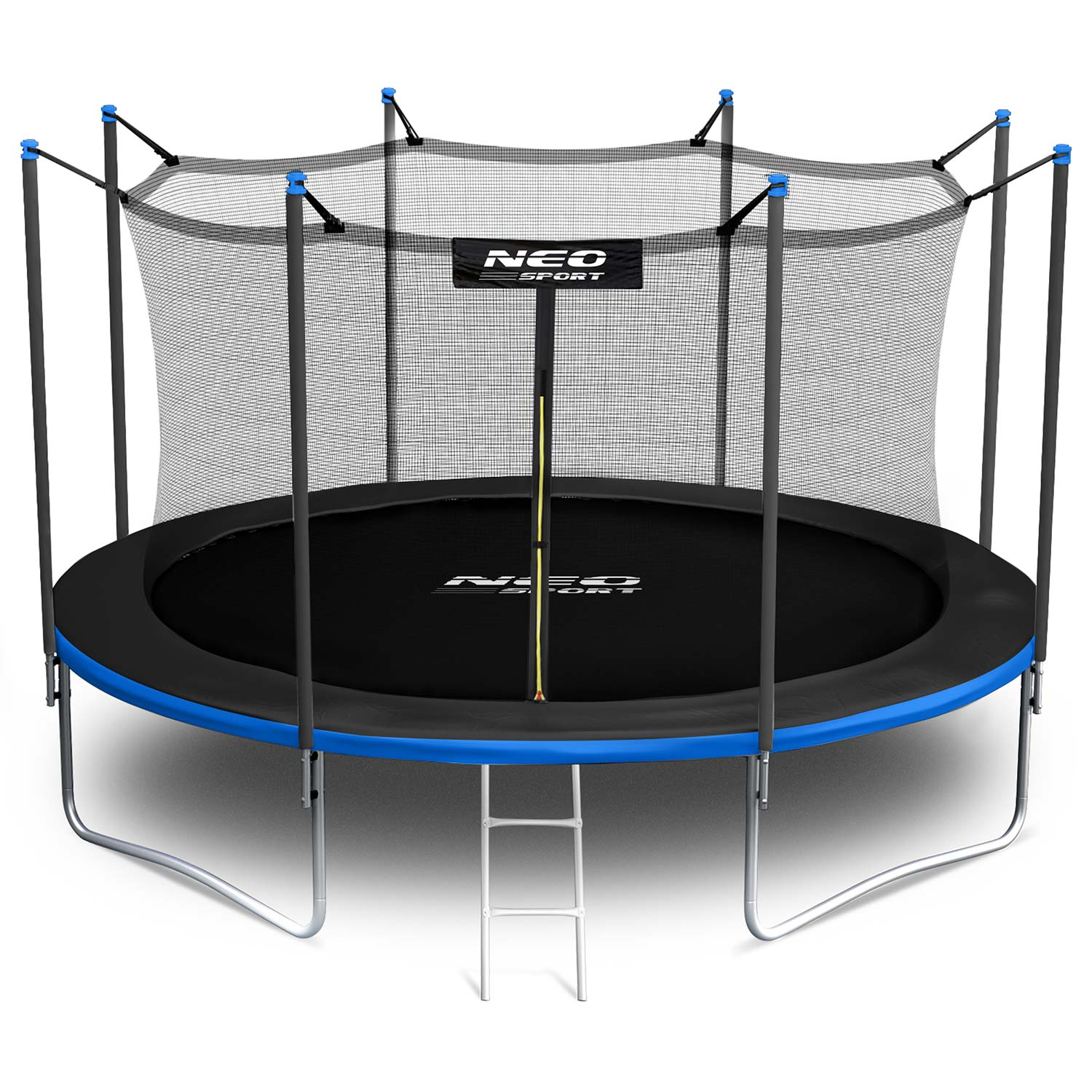 Trampolina z siatką zabezpieczającą i drabiną, niebiesko-czarna.