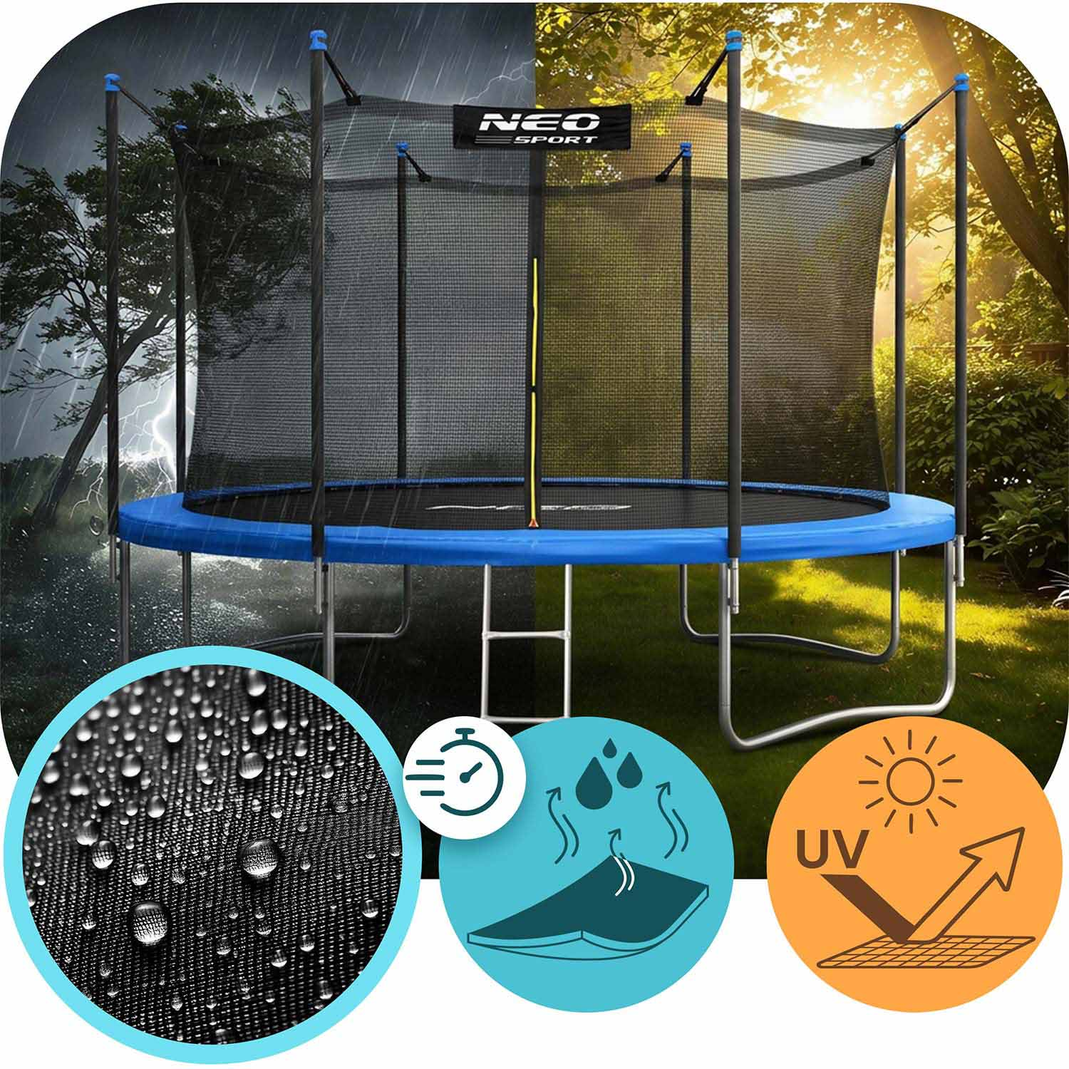Trampolina w deszczu i słońcu, ikony ochrony przed wodą i promieniowaniem UV.