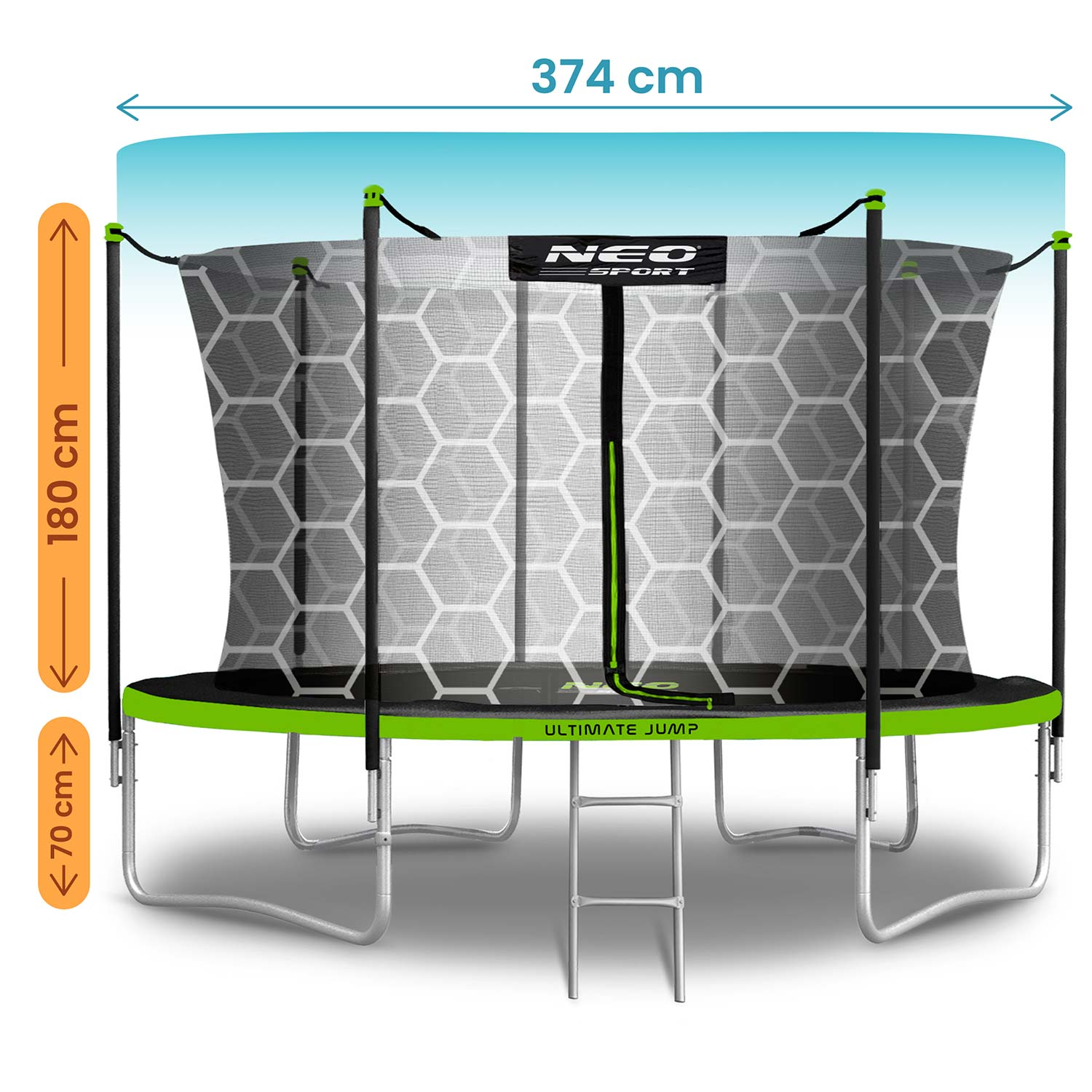 Trampolina z siatką zabezpieczającą, 374 cm szeroka, 180 cm wysoka, 70 cm wejście.