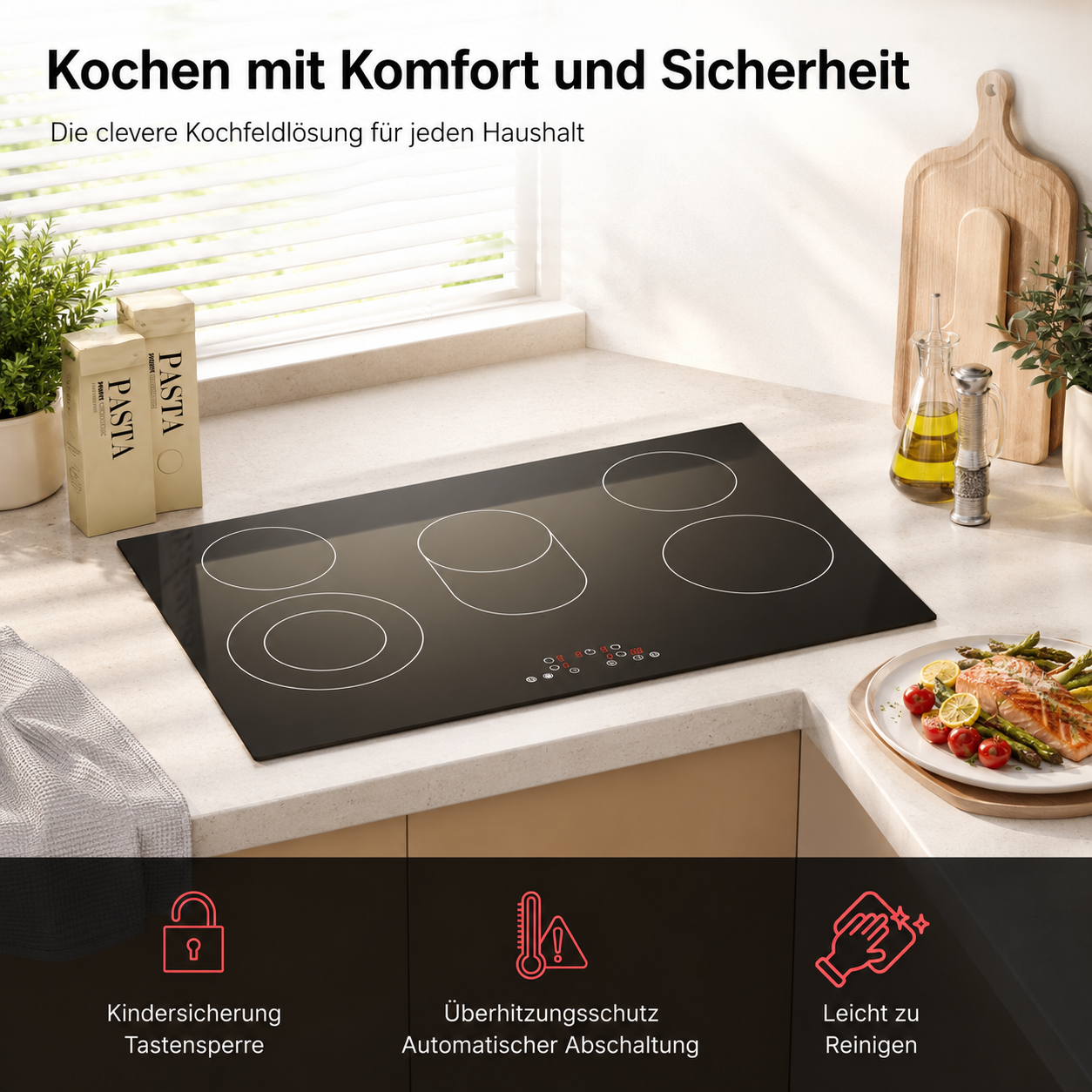Ein moderner schwarzer Induktionskochfeld mit Kochzonen und Bedienfeld.