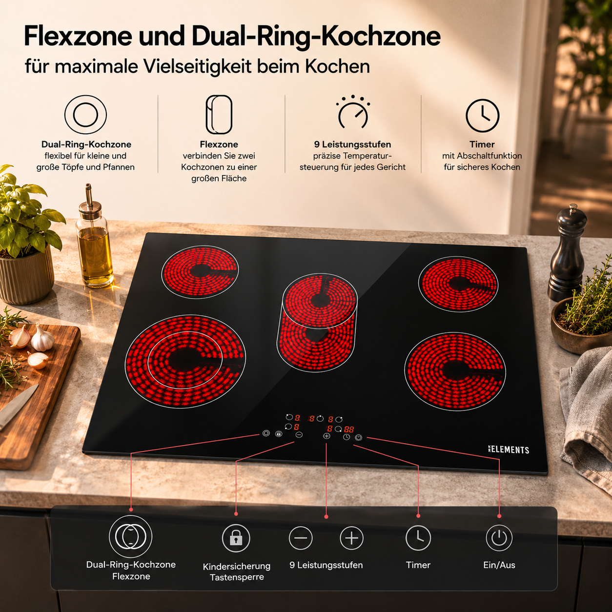 Moderne Induktionskochfelder mit roten Heizspiralen und Bedienelementen.