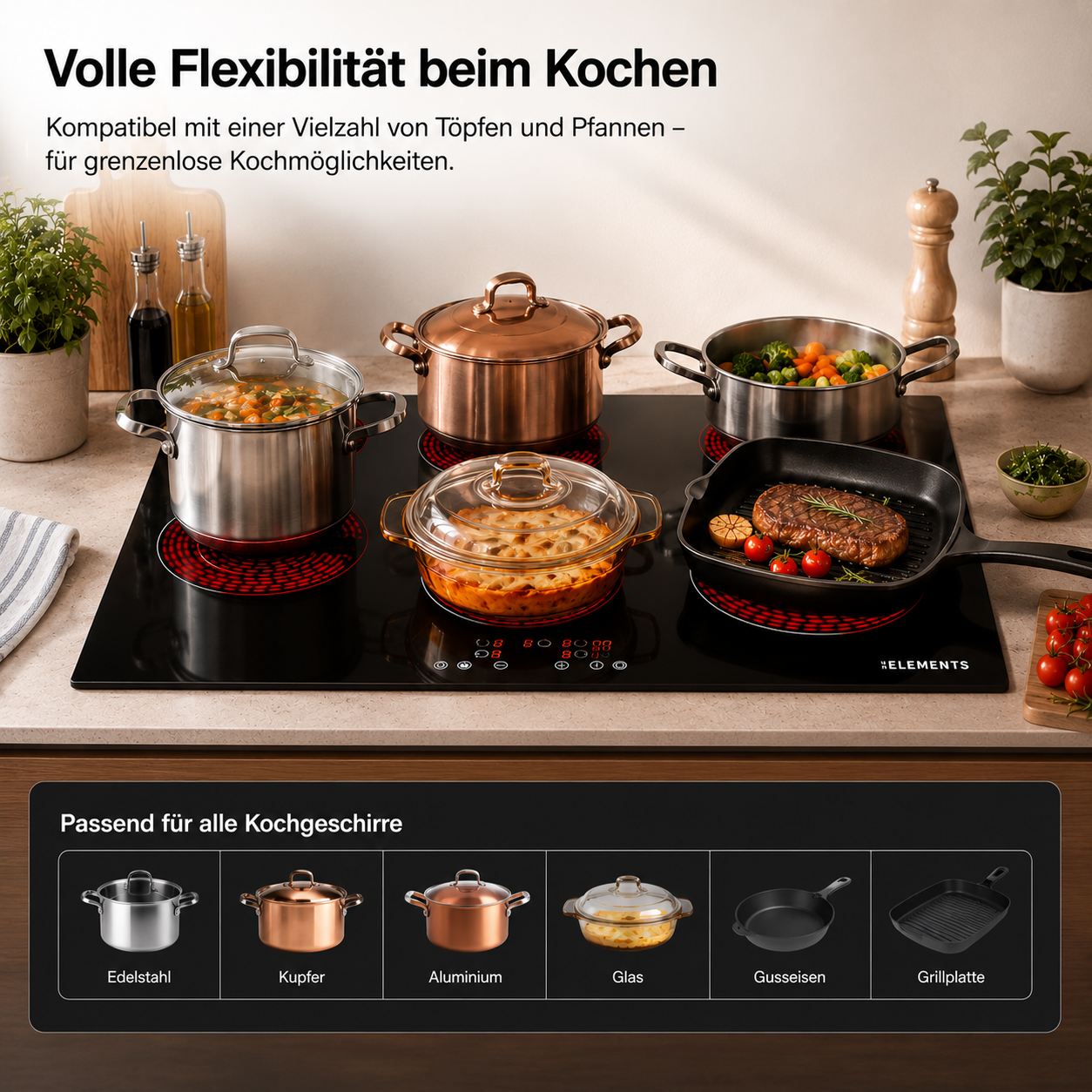 Ein Induktionskochfeld mit verschiedenen Kochgeschirren, Töpfen und Pfannen.