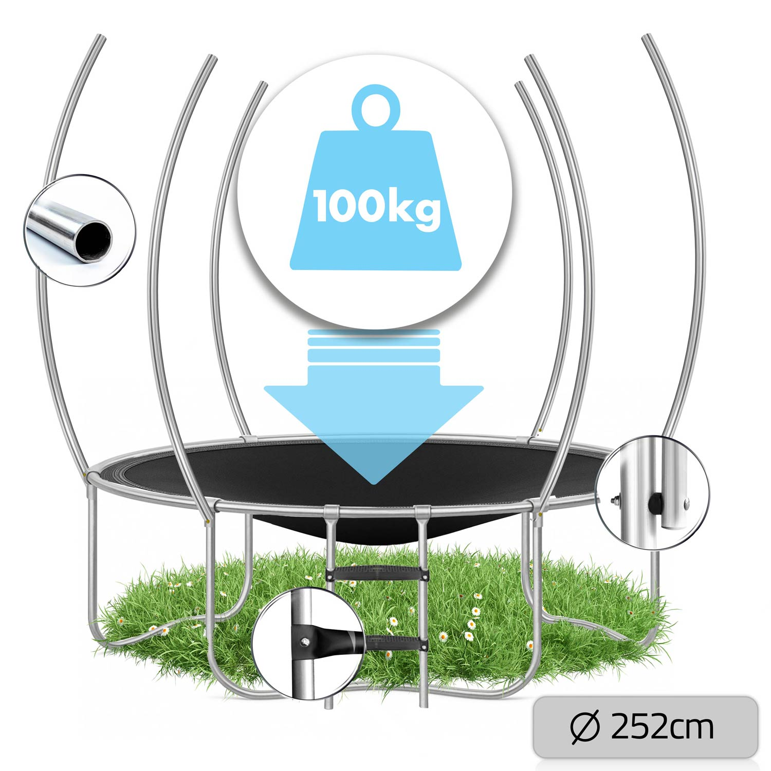 Trampolina 252cm średnicy, udźwig 100kg, ze schodkami.