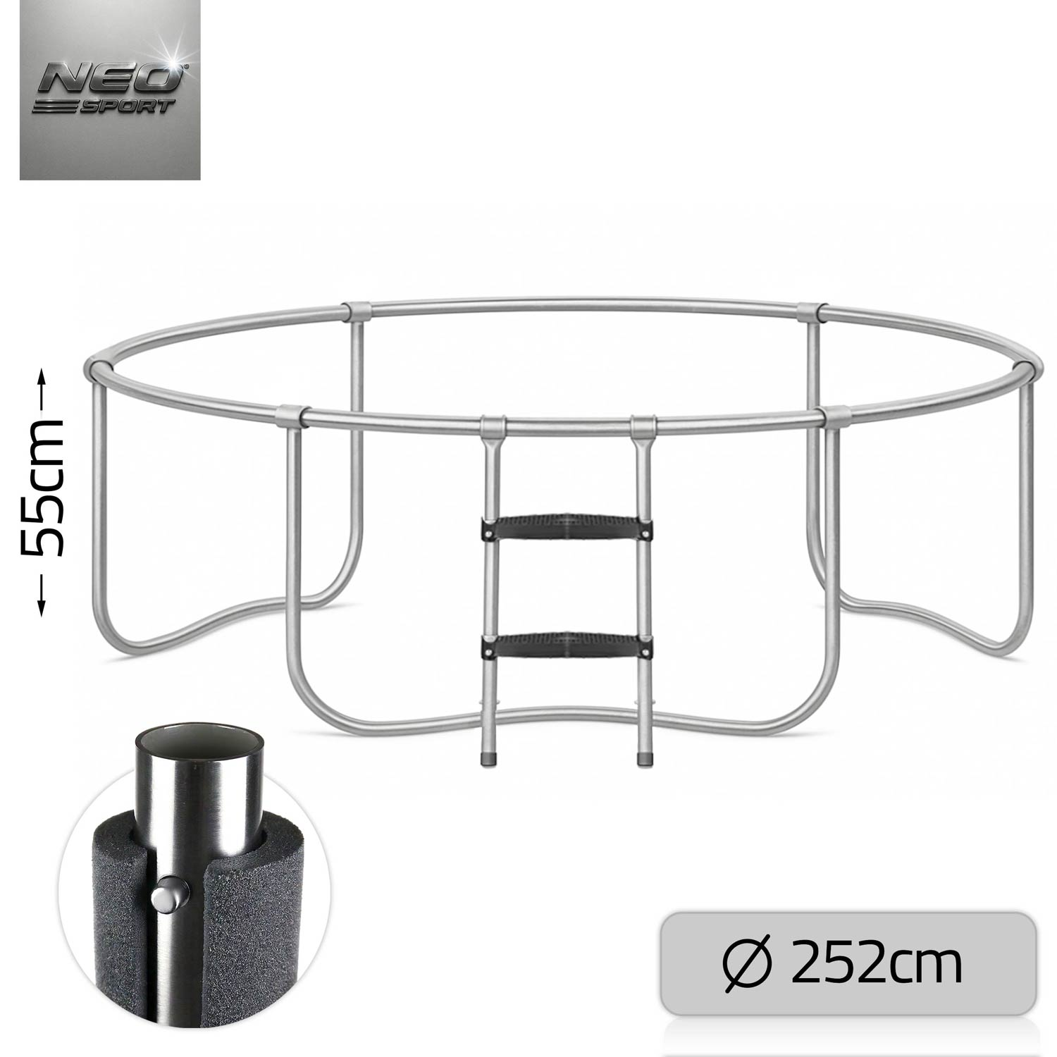 Srebrna rama trampoliny z drabiną i wymiarami 55cm wysokości i 252cm średnicy.