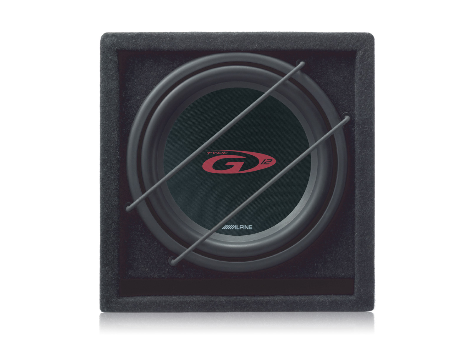 Ein schwarzer Subwoofer mit rotem G12-Logo und silbernen Stäben.