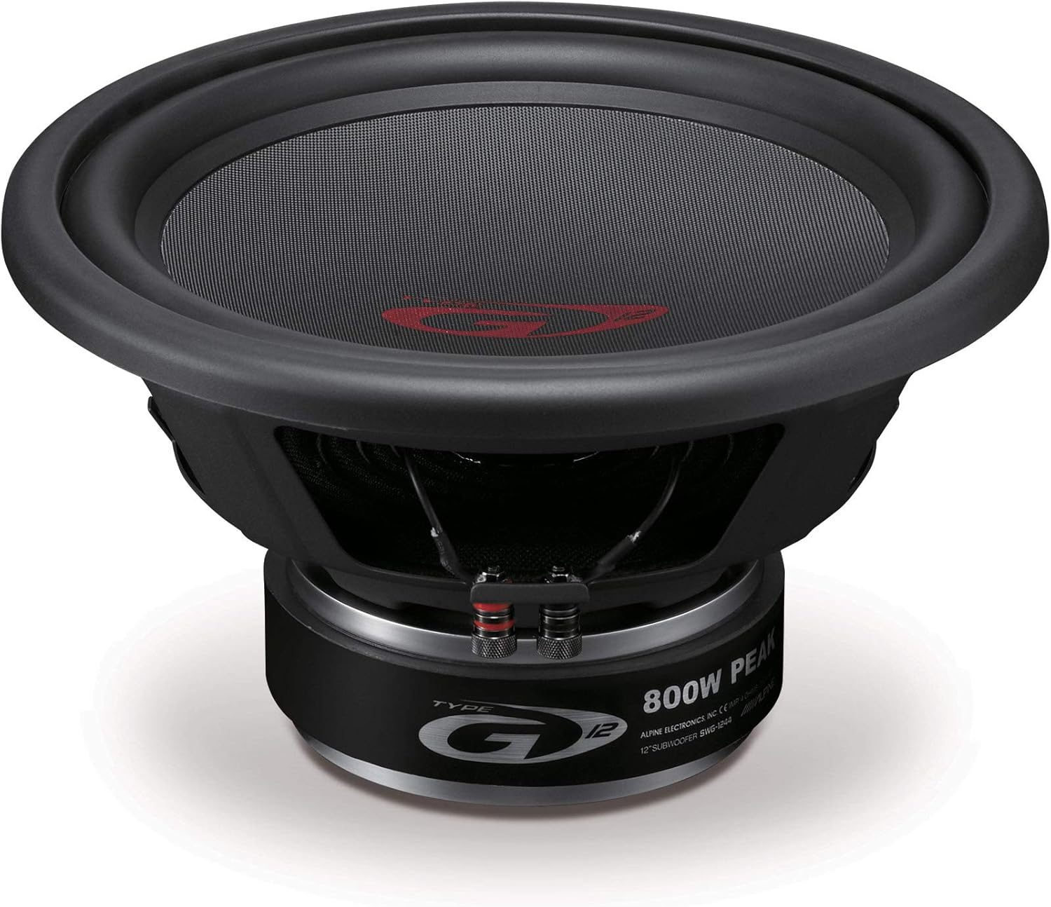 Schwarzer Alpine 12-Zoll-Subwoofer mit rotem Logo und 800W Peak.