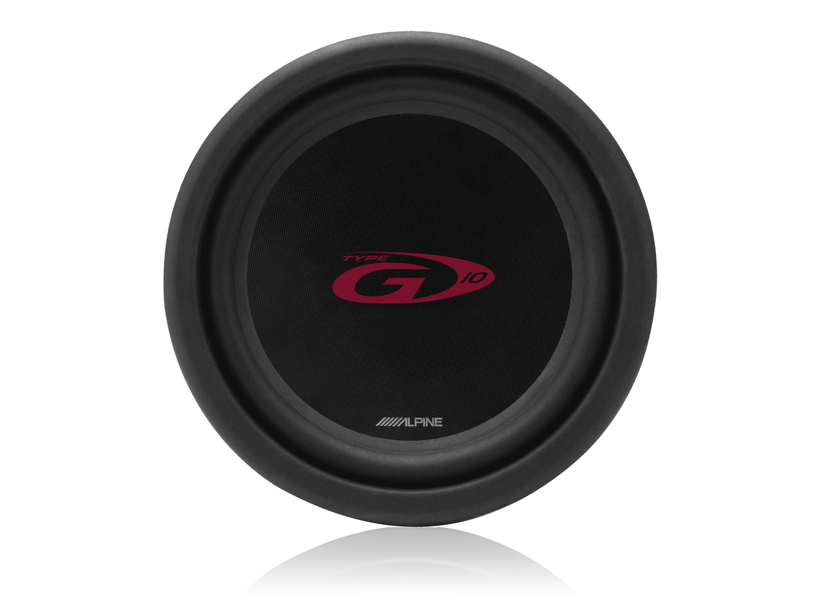 Schwarzer Subwoofer mit rotem G-Logo und "Alpine"-Schriftzug.