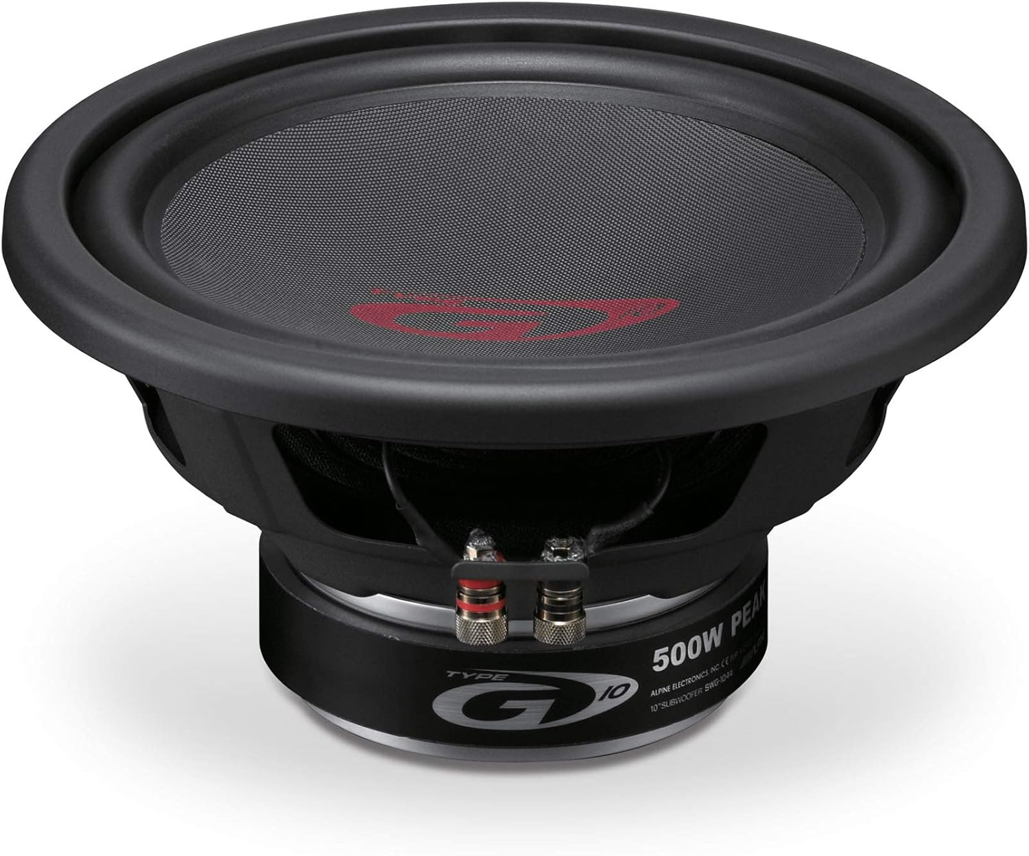Schwarzer 10-Zoll-Subwoofer mit rotem Logo und silbernen Anschlüssen.