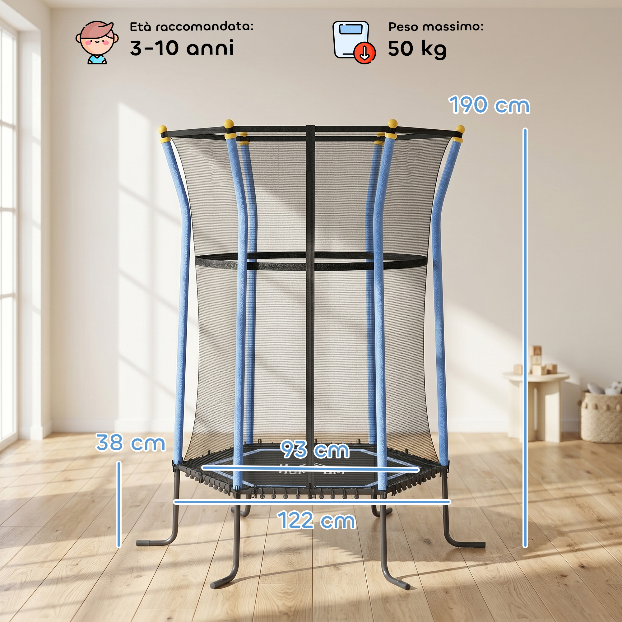 Un trampolino con rete blu, dimensioni 190x122x93x38cm, per bambini 3-10 anni.