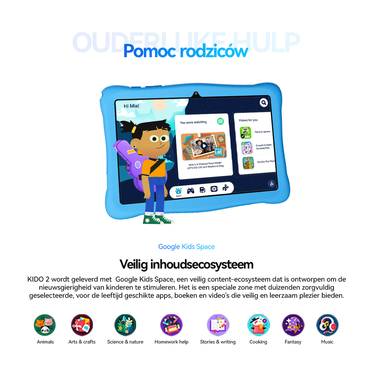 Een blauwe tablet toont een kinderapp. Iconen voor spellen worden hieronder getoond.