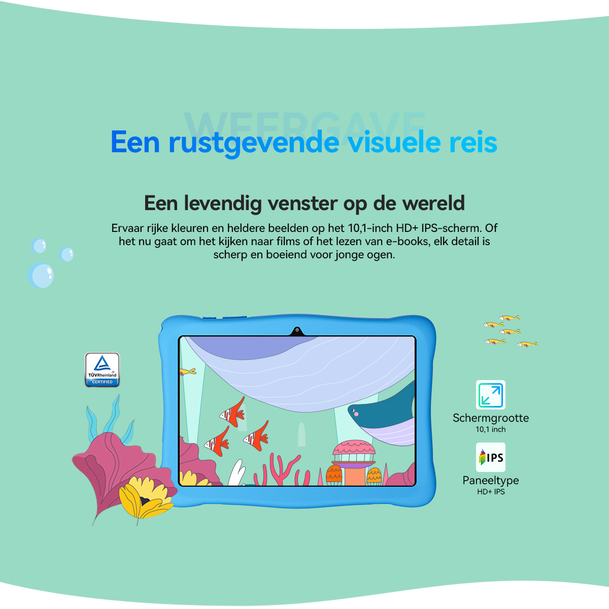 Een blauw tablet toont een onderwaterwereld met vissen, koraal en een walvis.
