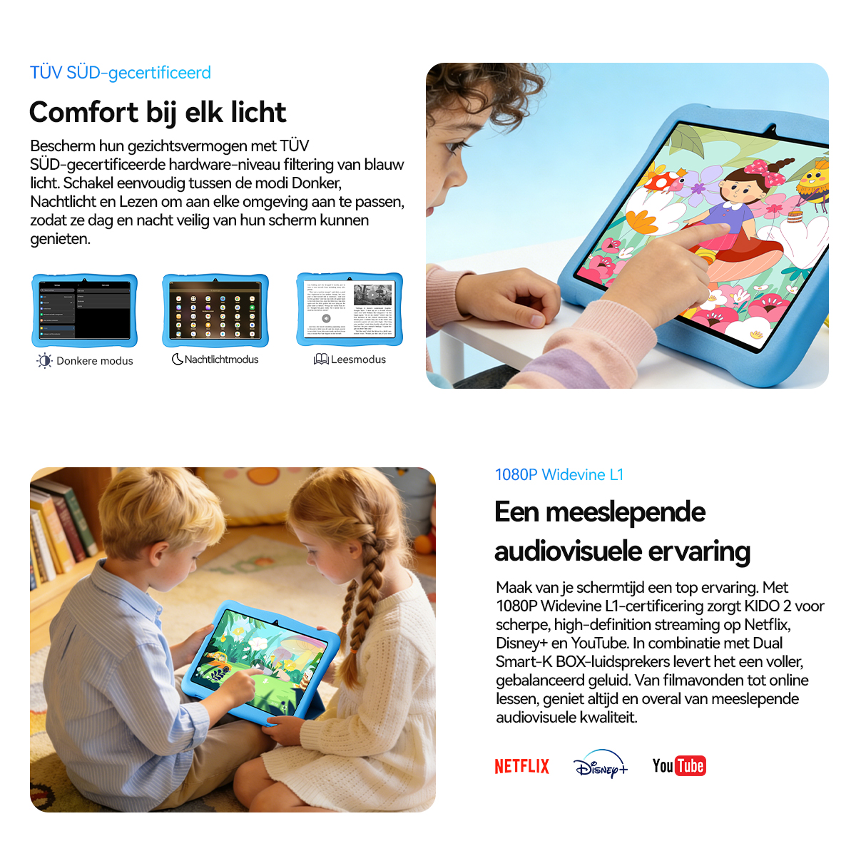 Een kind raakt een blauw tabletscherm aan met een kleurrijke tekening. Onder kinderen met tablet.