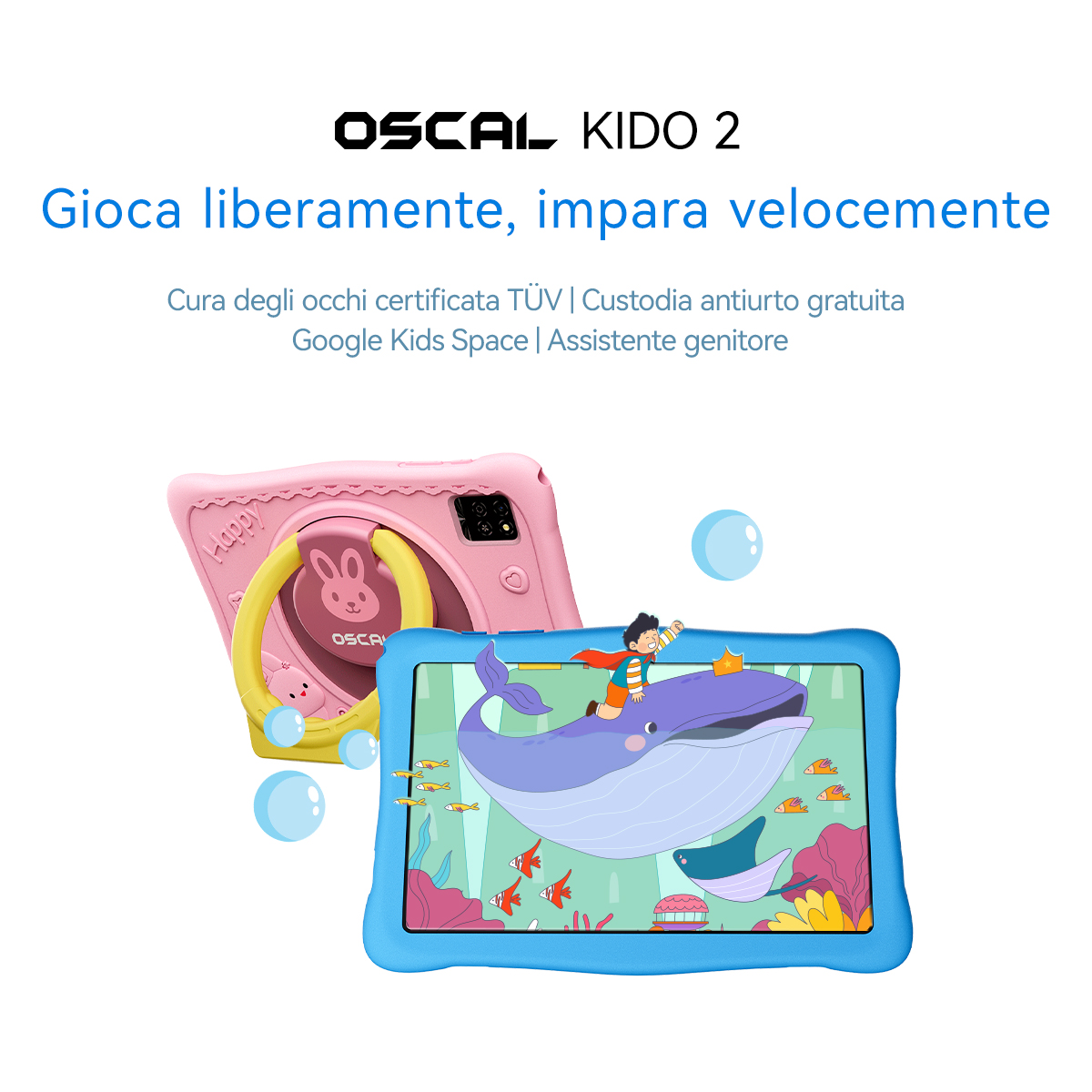 Due tablet OSCAL KIDO 2: uno rosa con coniglio, uno blu con cartone animato subacqueo.