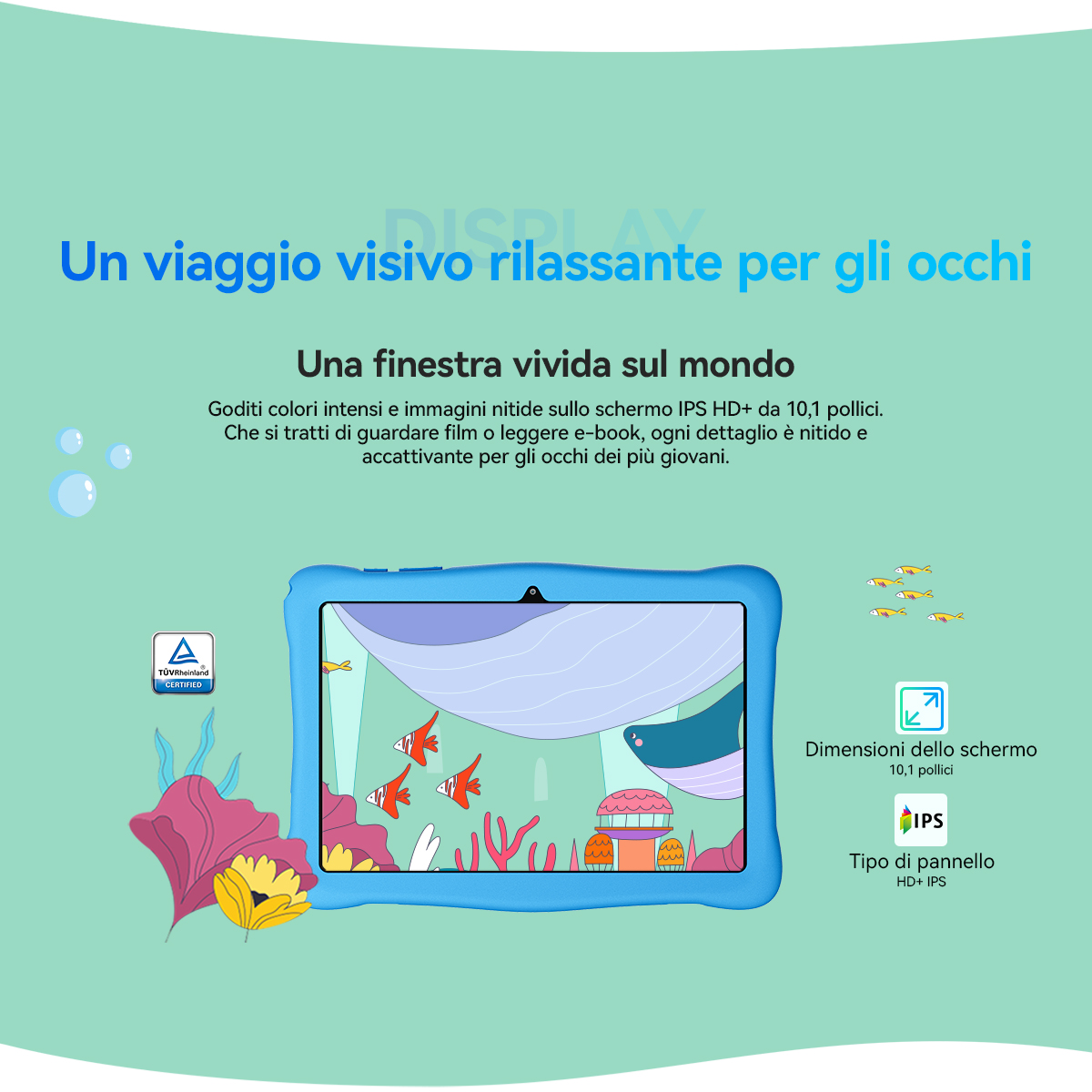 Tablet blu mostra scena sottomarina con pesci e balena.