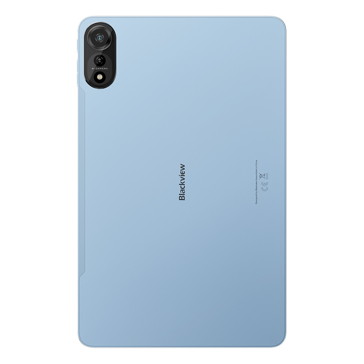 Retro di un tablet azzurro con doppia fotocamera in alto a sinistra e logo Blackview.