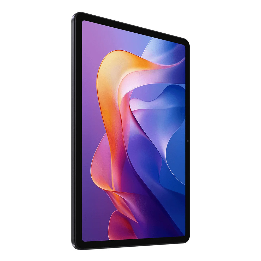 Un tablet nero con uno sfondo astratto e colorato sullo schermo.