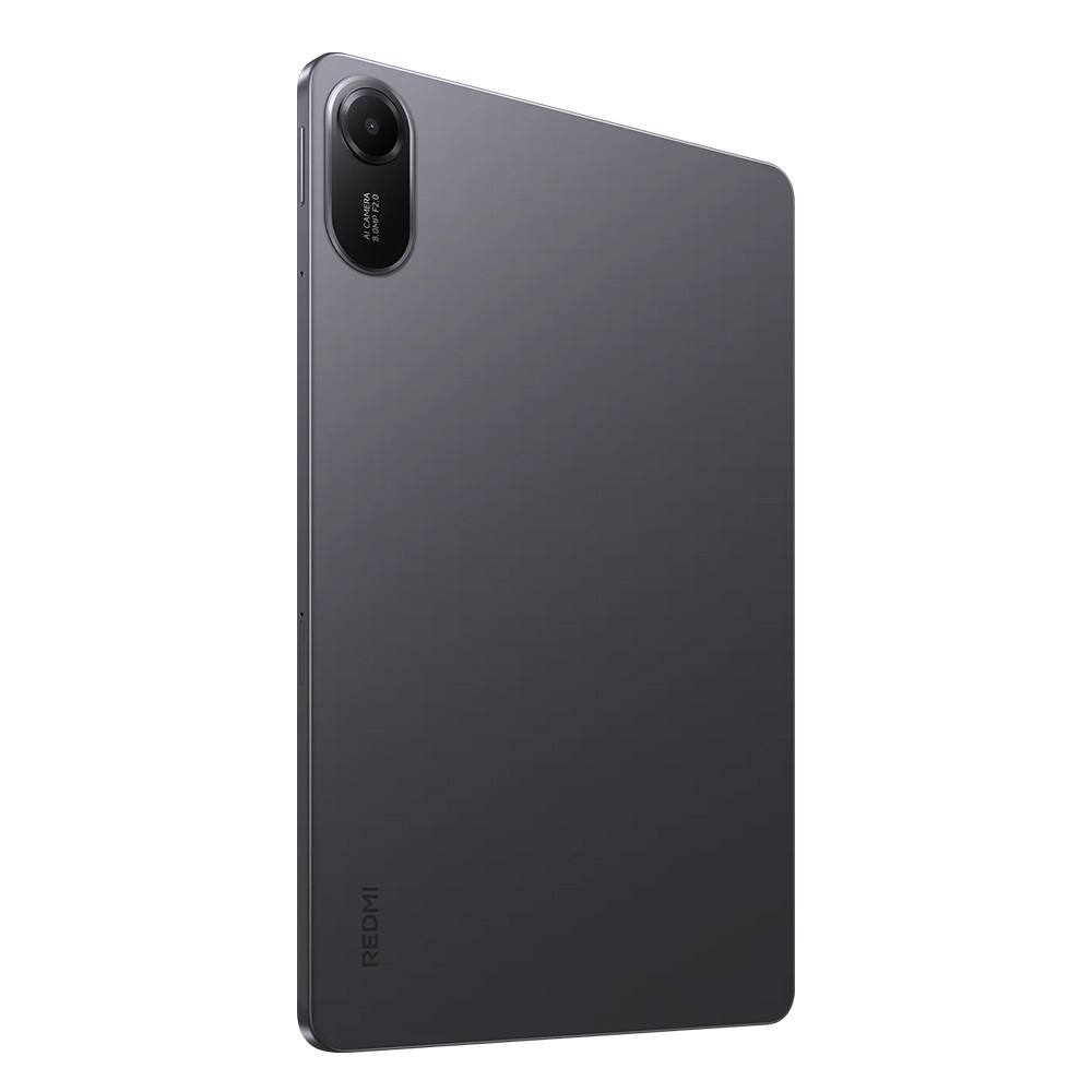 Tablet grigio con modulo fotocamera e logo Redmi sul retro.