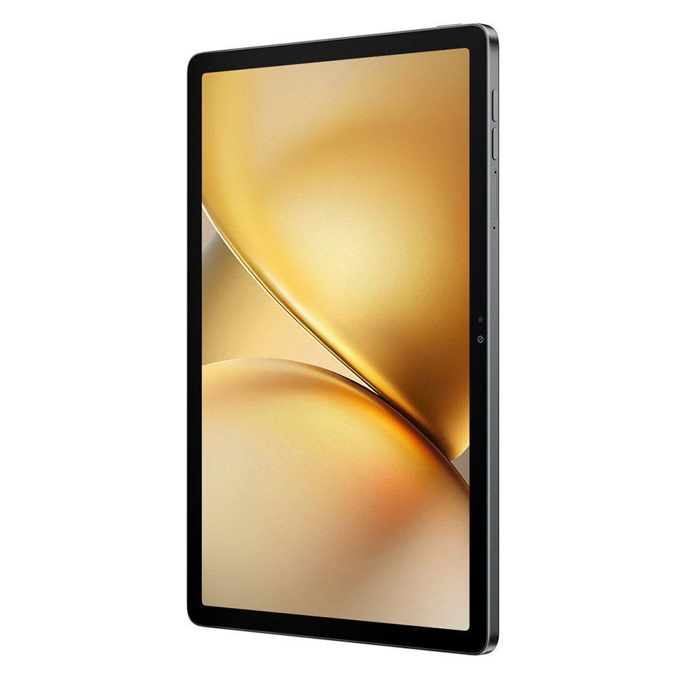 Un tablet grigio con uno sfondo astratto dorato visualizzato sullo schermo.