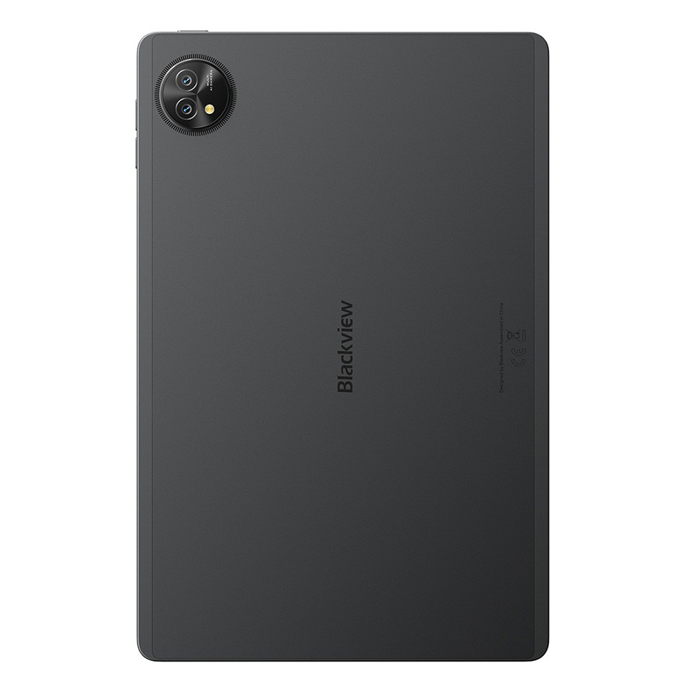 Retro di un tablet scuro con logo Blackview e modulo fotocamera.