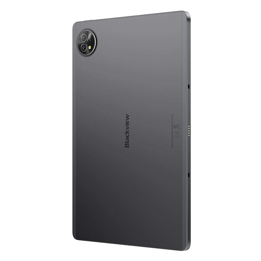 Un tablet grigio scuro Blackview è mostrato di retro, con una doppia fotocamera.