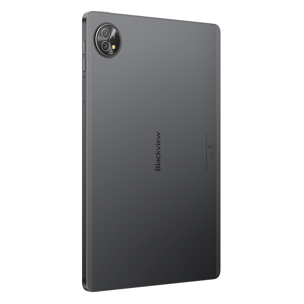 Retro di un tablet nero con due fotocamere in alto a sinistra e il logo Blackview.