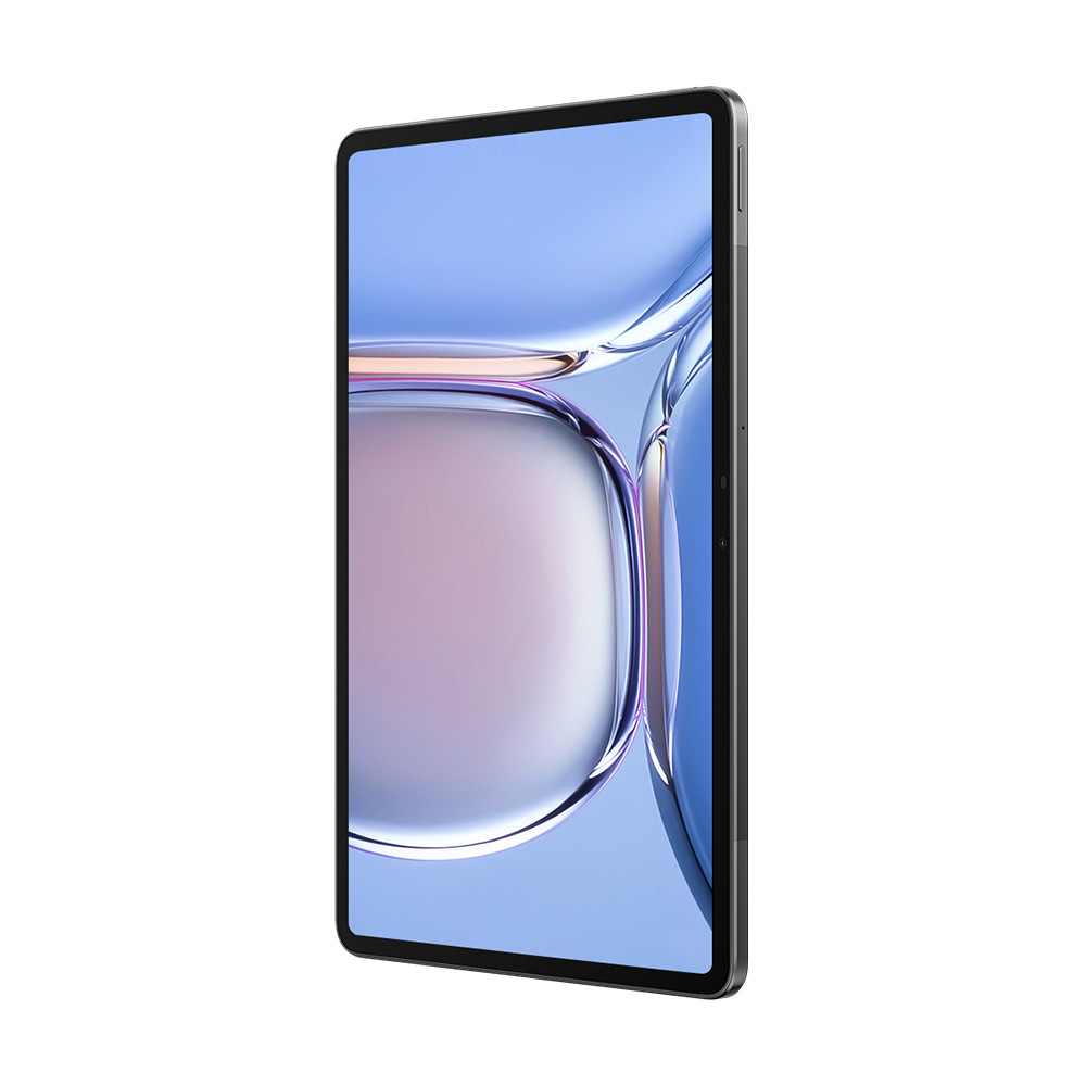 Un tablet grigio che mostra uno sfondo astratto blu e rosa sul suo schermo.