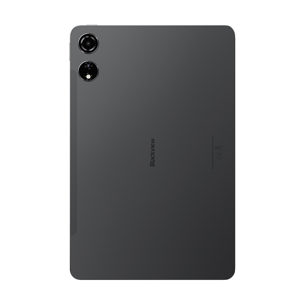 Retro di un tablet scuro con due fotocamere e logo "Blackview".