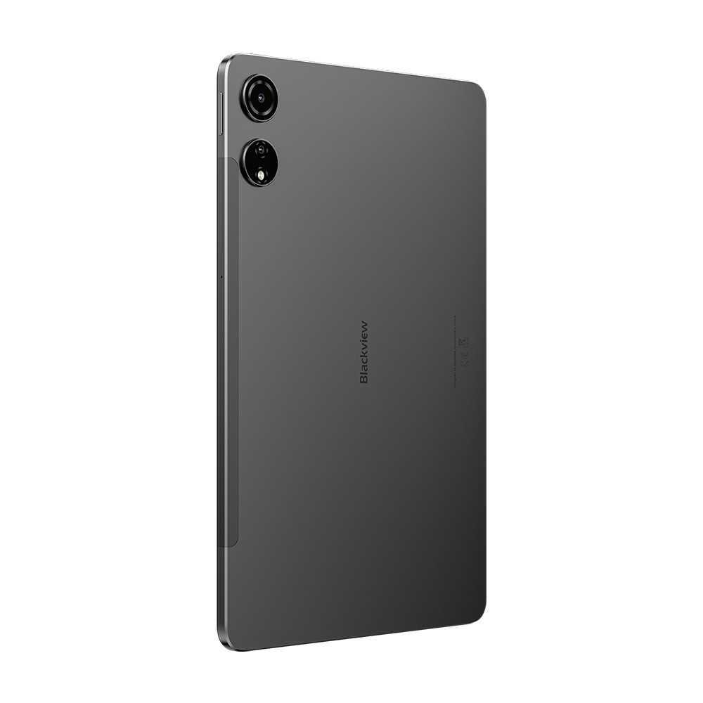 Retro di un tablet Blackview grigio con due fotocamere in alto a sinistra.