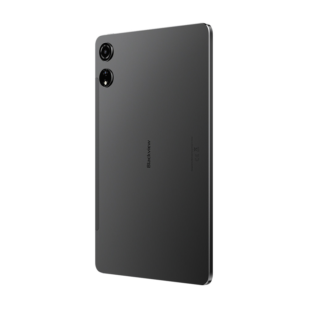 Tablet grigio scuro con doppia fotocamera posteriore e logo Blackview.