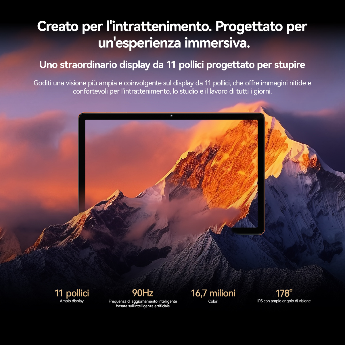 Un tablet con sfondo di paesaggio montano, che mostra specifiche come 11 pollici, 90Hz.