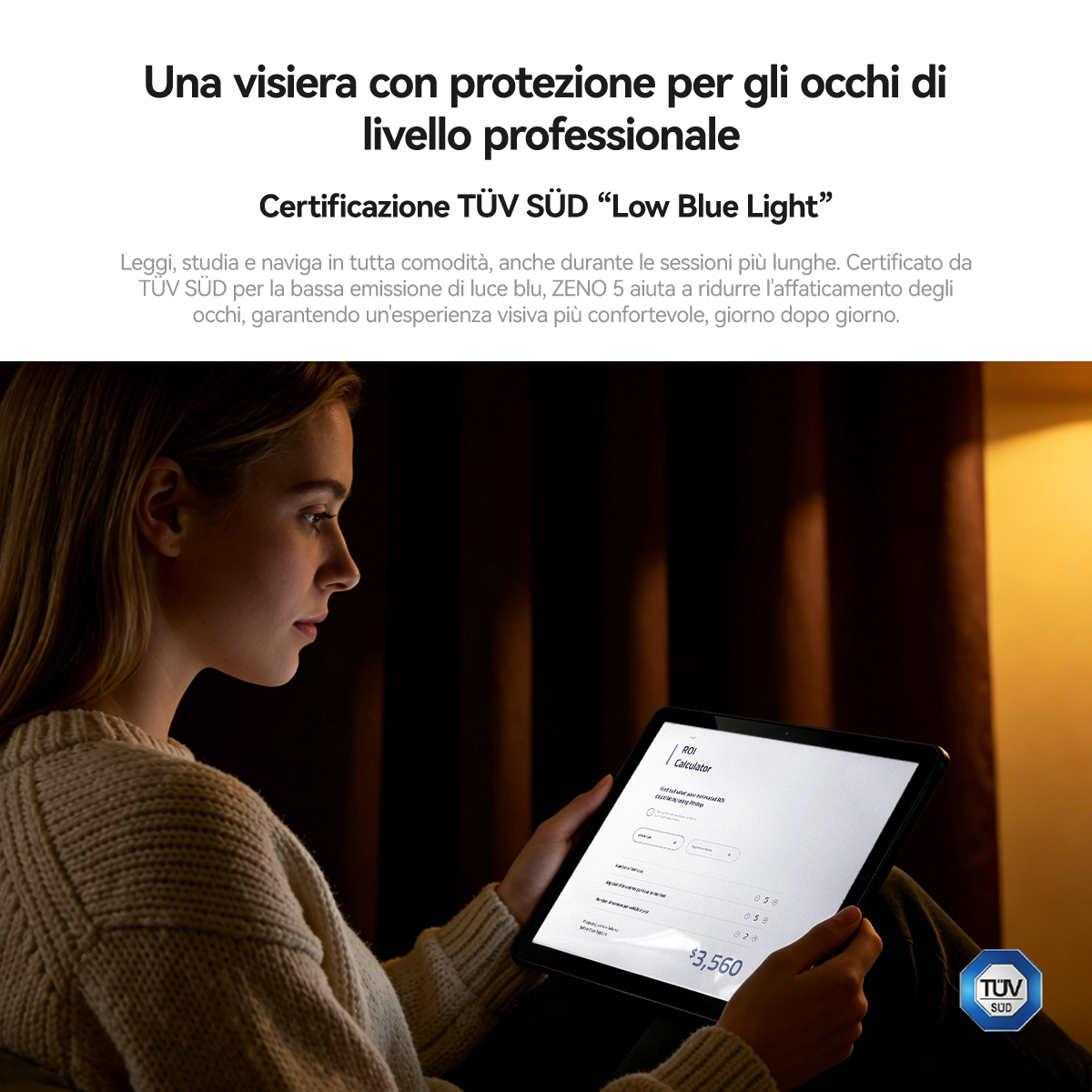 Una donna con un maglione tiene in mano un tablet con un'app calcolatrice ROI.