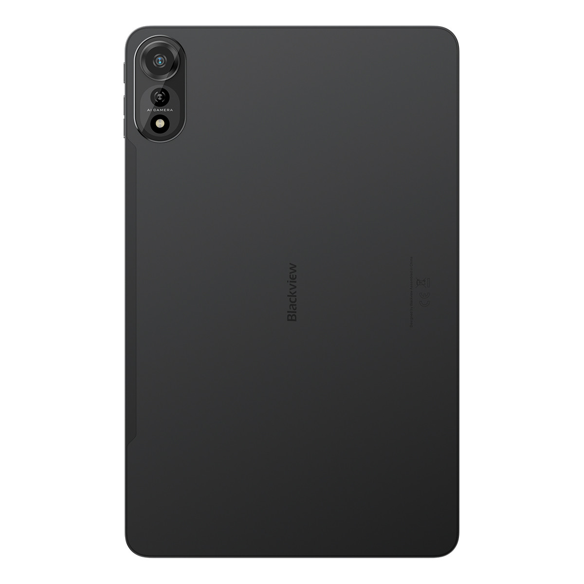 Retro di un tablet nero con doppia fotocamera e logo 'Blackview'.