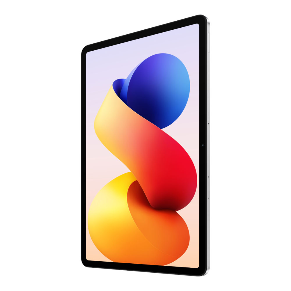 Un tablet argentato con uno sfondo astratto e colorato. Visto dal lato destro.