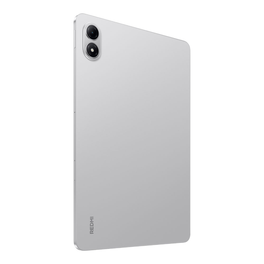 Retro di un tablet argentato con due fotocamere e logo Redmi.