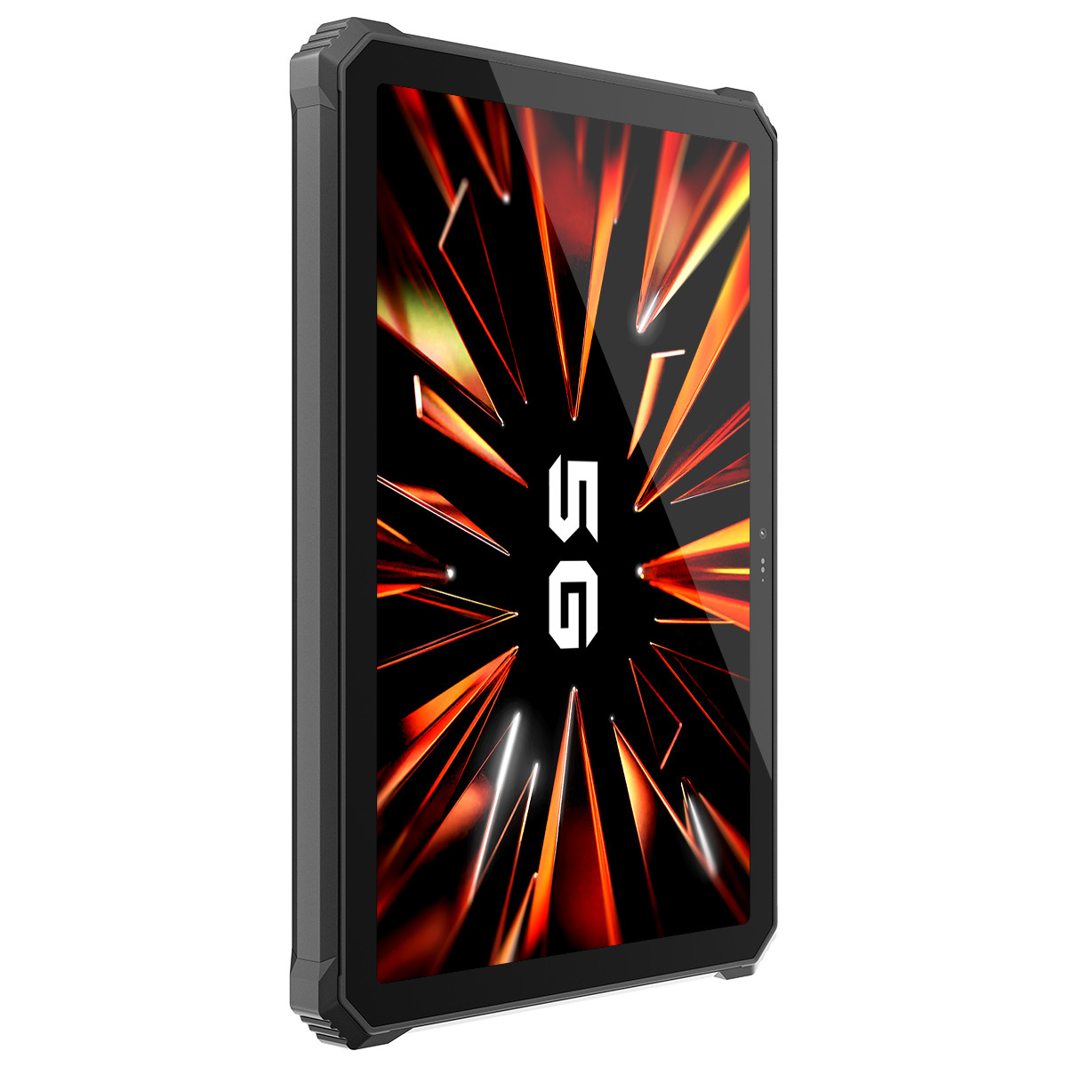 Un tablet robusto mostra un logo 5G su sfondo nero con esplosioni di luce arancione.